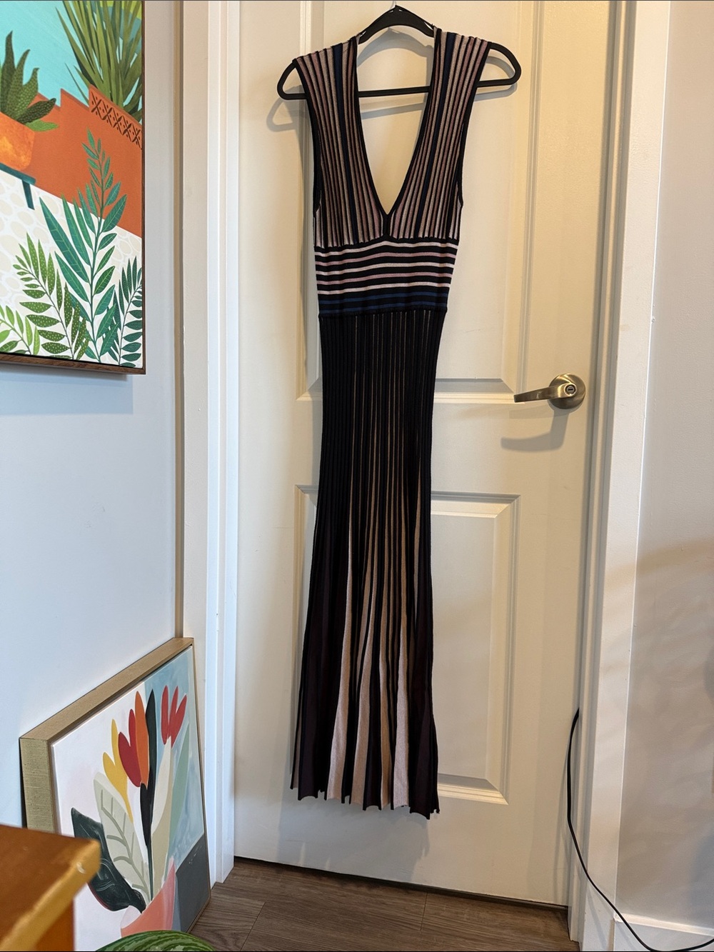 Zara Black and Beige Striped V‑Neck Maxi Dress